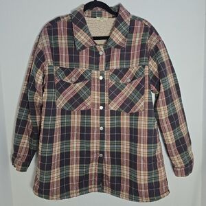 Kori America Flannel Sherpa Shacket | Women's Size Large | Plaid Comfy Warm
